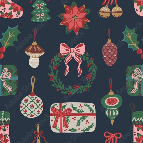 Fototapeta Seamless pattern of Christmas elements. Wreath, poinsettia, ornaments, holly, wrapped gifts and decorative stockings on dark background. Festive vector design for wrapping paper, textile, wallpaper