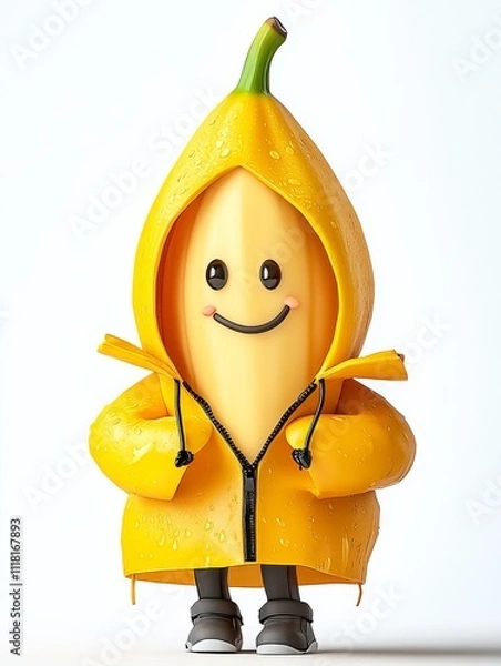 Fototapeta Whimsical banana character in raincoat a playful and cheerful illustration