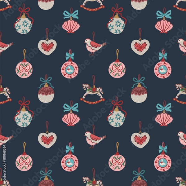 Fototapeta Seamless pattern of hand drawn vintage Christmas ornaments including baubles, heart, bird, scallop with bows on dark background. Vector design for wallpaper, textile, wrapping paper and greeting cards