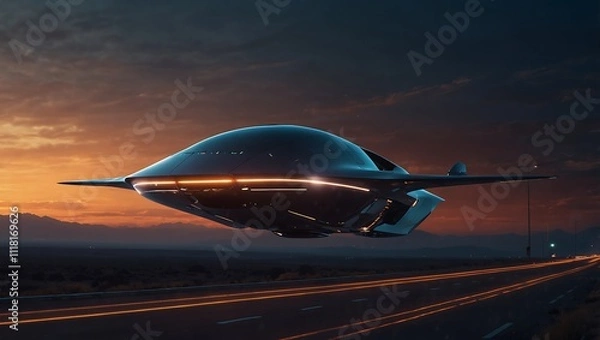 Fototapeta Celestial Voyage: A Futuristic Spaceship Illuminates the Twilight Horizon