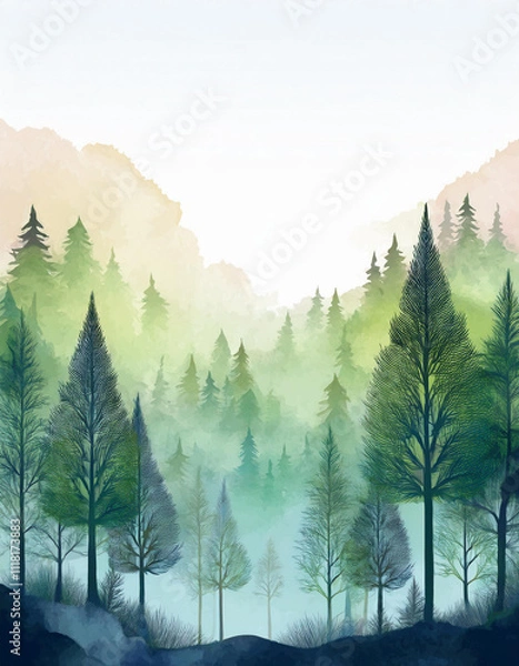 Fototapeta watercolor painting background of a green large forest with some areas covered with mist and some mountains behind. Copy space areas