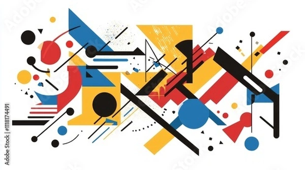 Fototapeta Abstract geometric art with red, blue, yellow, and black shapes on white background.