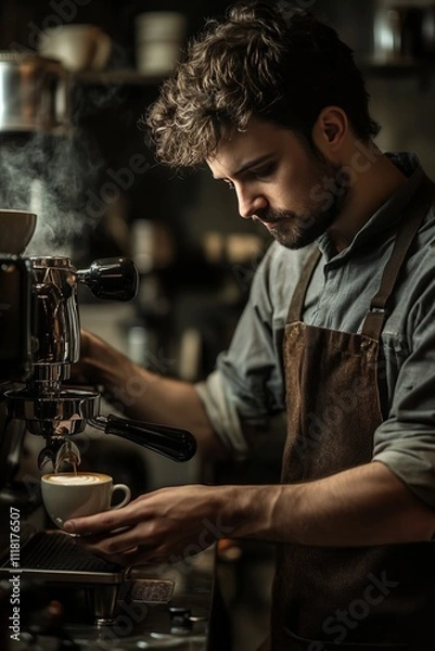 Fototapeta A man is making coffee in a cafe