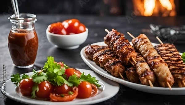 Obraz Grilled Chicken Skewers with Tomato Salad