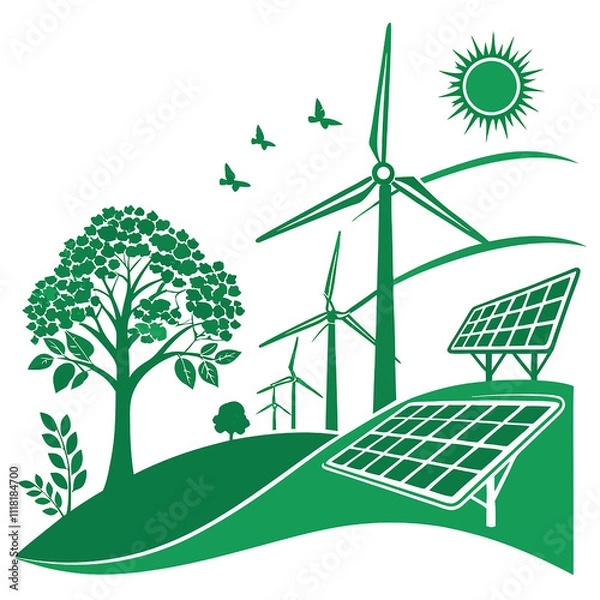 Fototapeta Carbon Neutral Power Illustration Clean Energy Design with Solar and Wind Technologies Perfect for Green Branding and Environmental Projects