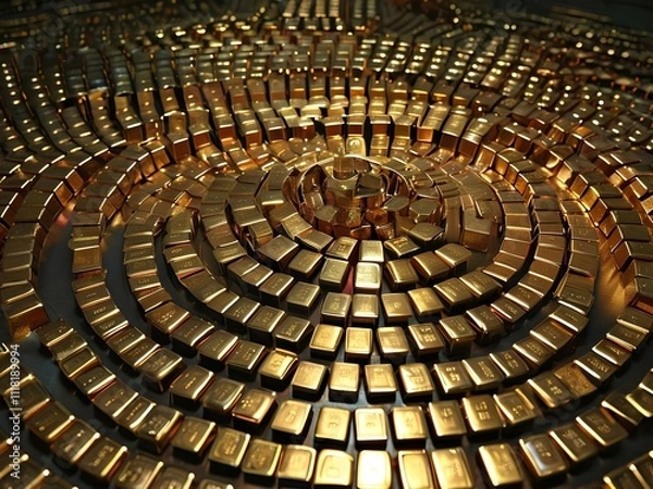 Fototapeta Stacked gold bars arranged in rows, shimmering gold bullion collection heap in organized stacks, precious metal gleaming goldbars showcasing wealth, lingots d'or, barrasdeoro, barrasdeouro, Goldbarren