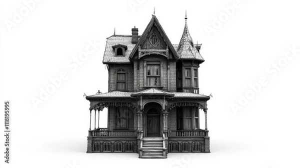 Fototapeta A gothic-style haunted house with eerie overtones, positioned on a clean white background