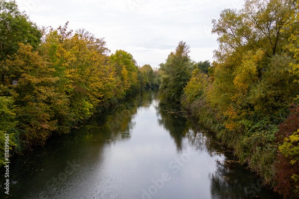 Obraz View of Karl Heine Canal in autumn, Leipzig, Saxony, Germany
