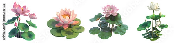 Fototapeta A beautiful collection of lotus flowers in various colors and stages, showcasing nature's elegance and tranquility.
