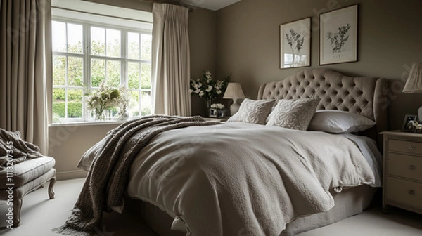 Obraz Traditional bedroom with tufted headboard and soft lighting