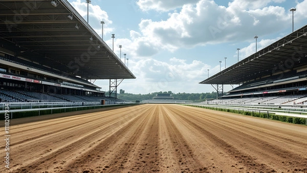 Fototapeta A deserted horse racing track on a sunny day. Empty grandstands under large canopies flank a wellmaintained dirt track.