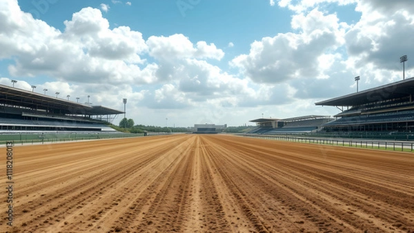 Obraz Empty horse racing track with grandstands on either side under a partly cloudy sky. The dirt track shows lines from maintenance. A sunny day.