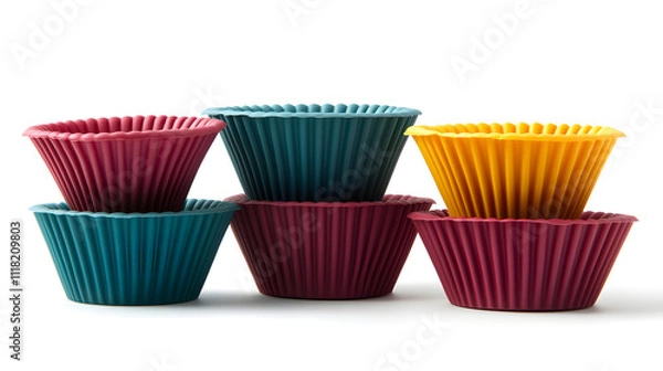 Fototapeta Colorful silicone baking cups stack with vibrant design, kitchen tools