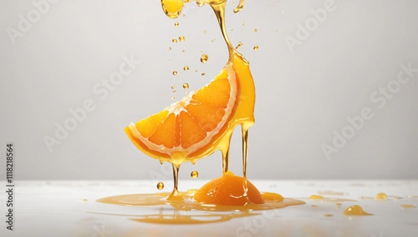 Obraz Two orange halves with juice splashing around them.

