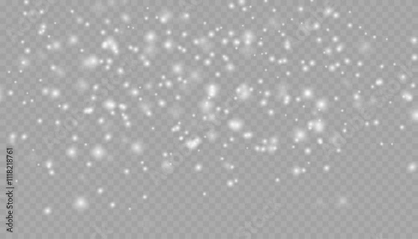 Fototapeta Realistic falling snow with snowflakes and clouds. Vector heavy snowfall, snowflakes in different shapes and forms. Many white cold flake elements on transparent background.