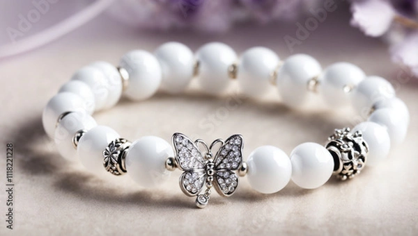 Obraz A white beaded bracelet with silver butterfly charms.

