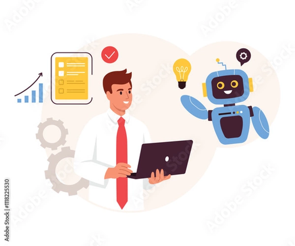 Fototapeta Vector illustration of a businessman working with a robot.Cartoon scene of man with red tie,shirt holding laptop, getting ideas from artificial intelligence isolated on white background.Business idea.