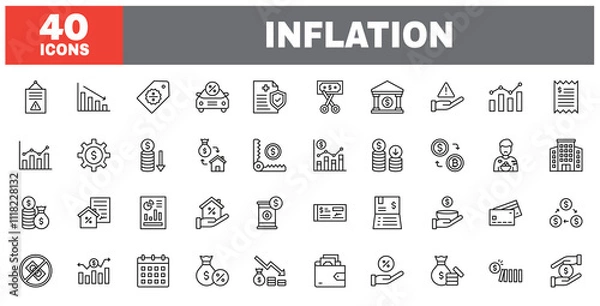 Fototapeta Set of 40 line icons inflation. Outline icon collection. Editable stroke. Vector illustration.