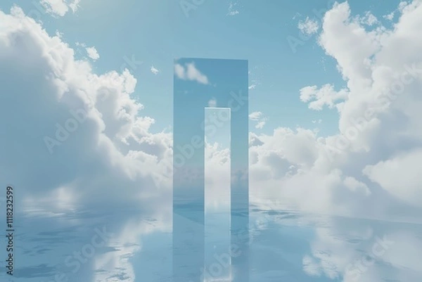 Fototapeta Reflective gateway against serene blue skies