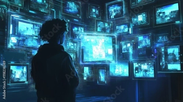 Fototapeta A person viewing a digital holographic gallery of their memories stored in the cloud, 
