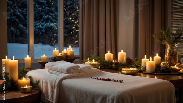 Obraz A cozy photo of a Christmas spa in the evening. A massage table is surrounded by glowing candles and winter decorations. The atmosphere of tranquility and comfort is perfect for relaxation.