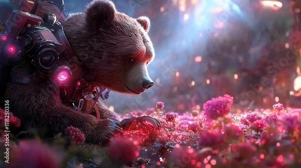 Fototapeta Surreal Neon Lit Bear Farmer Harvesting Glowing Crops in Fantasy Field