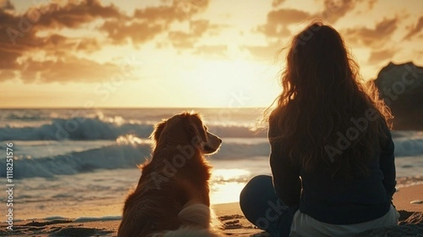 Fototapeta Woman and Dog Watching Sunset on Beach with Waves Crashing Softly