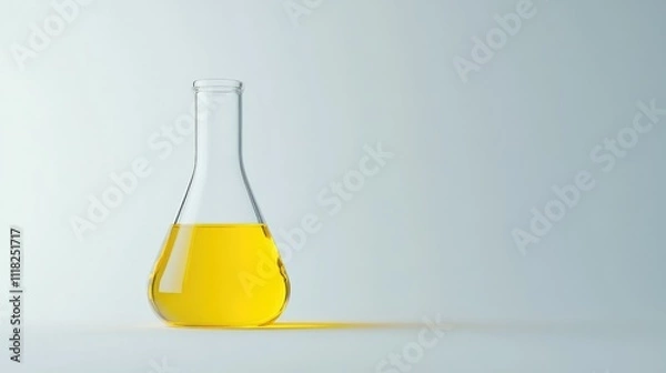 Fototapeta A single transparent glass flask filled with bright yellow liquid, standing upright on a plain white background