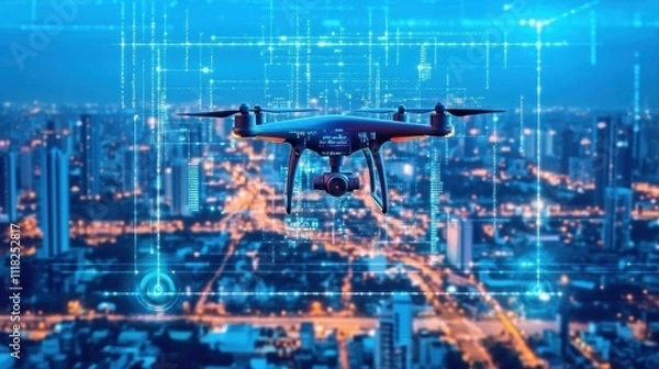 Fototapeta A drone flying over a city skyline with digital data overlay.