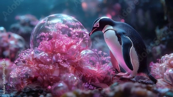 Fototapeta Penguin Tour Guide Showcasing Glowing Underwater Sculptures in a Vibrant Oceanic City