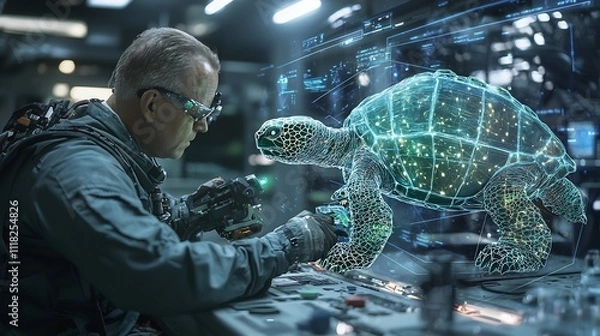 Obraz Turtle Technician Repairing Glowing Holographic Devices in High Tech Facility