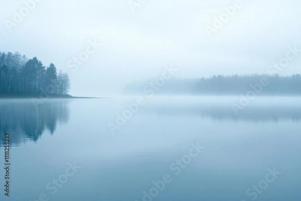 Fototapeta A tranquil foggy lake scene reflecting trees and calm waters.