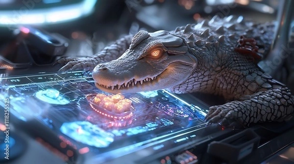 Fototapeta Neon Sushi Chef Crocodilian Culinary Masterpiece in Futuristic Kitchen