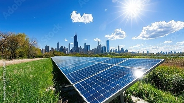Fototapeta Solar panels with city skyline in bright sunlight