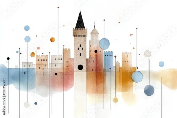 Fototapeta A soft watercolor painting of a neighborhood block party, with delicate splashes of color capturing the festive atmosphere