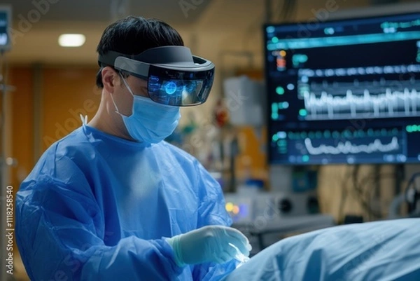 Fototapeta Surgeon using augmented reality technology in an operating room.