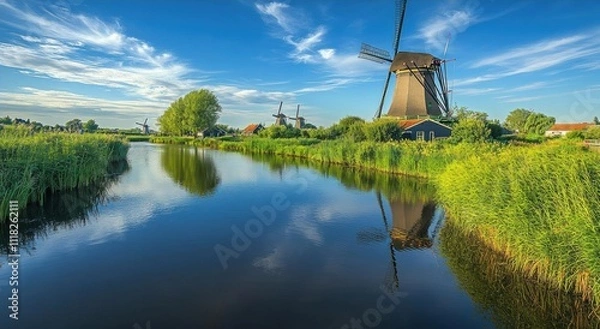 Fototapeta Scenic view of a windmill by a serene river under a blue sky.