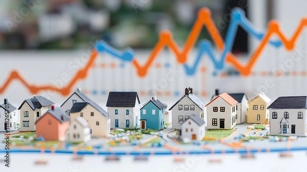 Fototapeta Analyzing real estate market trends with miniature houses and data charts