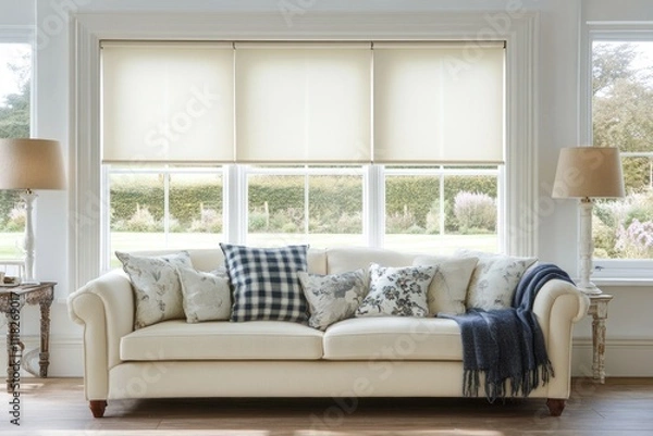 Fototapeta Cream sofa with patterned cushions sits before large window with beige roller blinds in bright living room.