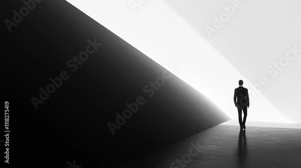 Fototapeta Businessman walking towards success in a minimalist space illuminated by light