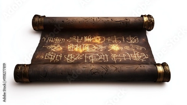 Obraz Ancient magic scroll with orange glowing runes on a white background