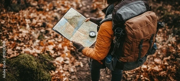 Fototapeta Autumn Hiking Adventure: Navigating the Woods with Map and Compass