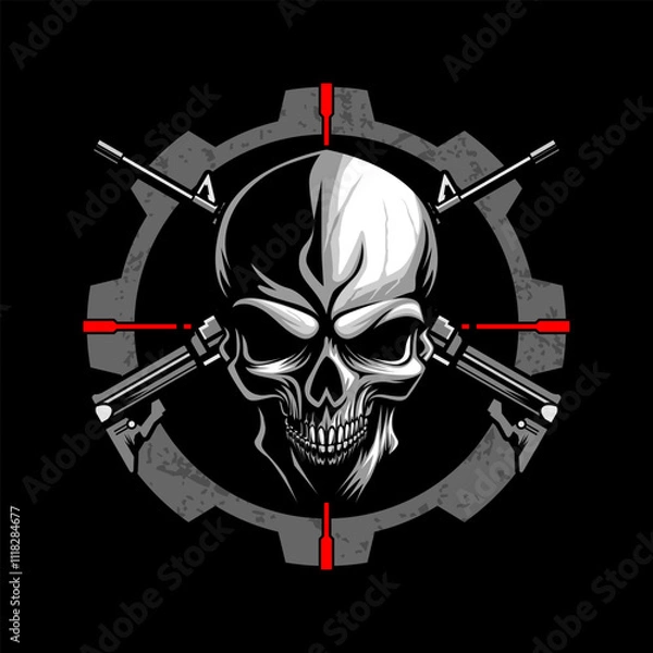 Fototapeta skull and two crossed assault rifles on a Black background vector illustration