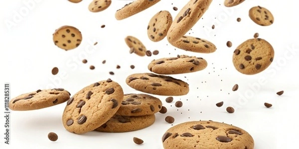 Fototapeta Delicious Choc Chip Cookies Falling with Crumb Food Photography: Delicious Cookie Stock Photos For Backgrounds, Graphics, and Header Designs