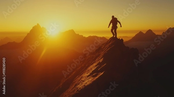 Obraz Adventurer leaps off mountain ridge at sunset in breathtaking landscape