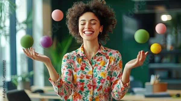 Fototapeta Picture of a happy lady assistant wearing a floral shirt, juggling stress balls while running on a treadmill in a modern green workspace