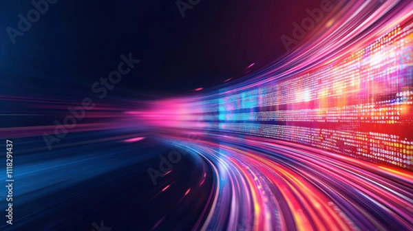 Fototapeta Futuristic digital landscape with vibrant light trails and data streams