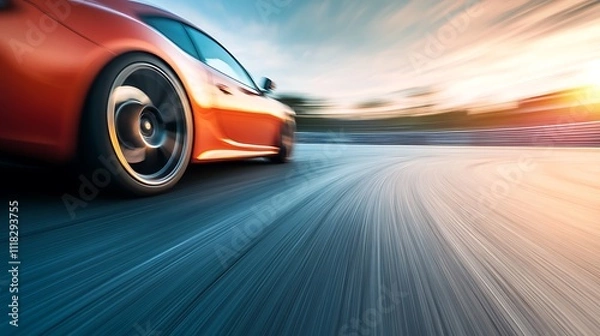 Fototapeta Fast orange sports car speeding on a race track at sunset.