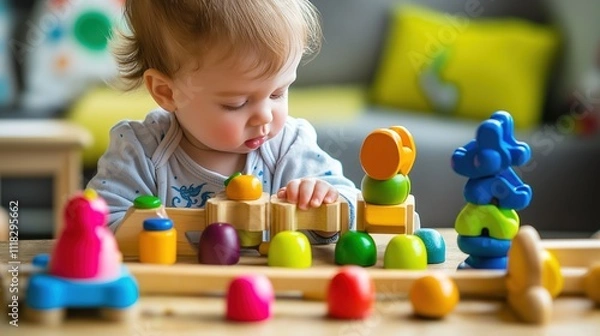 Obraz Child Exploring Colorful Wooden Toys for Sustainable Playtime Fun