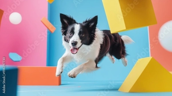 Obraz A Border Collie performing agility tricks, with annotations about its high energy and need for mental stimulation.